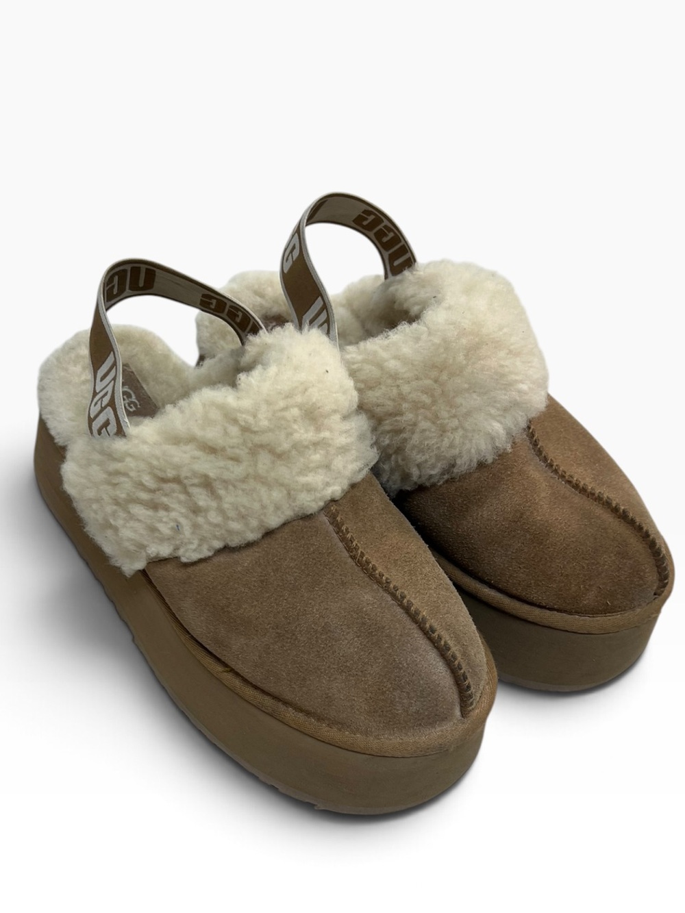 UGG Funkette Platform Scuffs Brown Suede Shearling Size 10